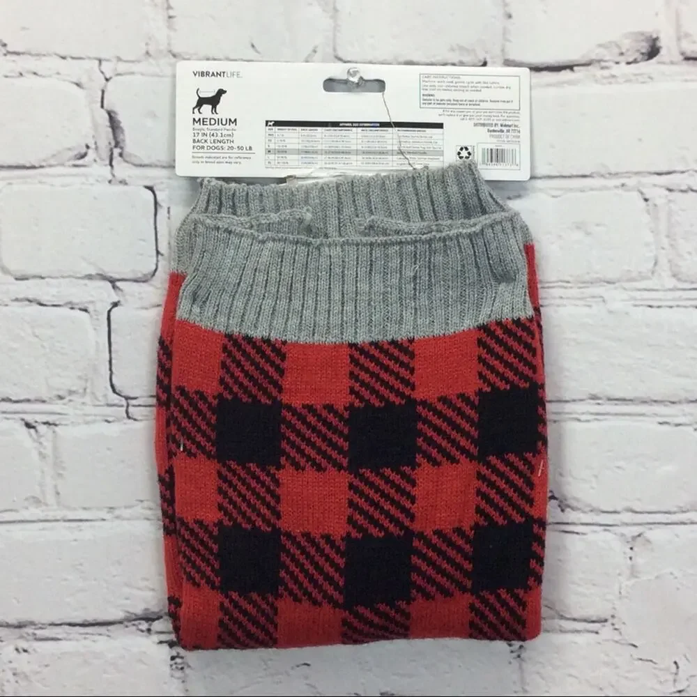 Vibrant Life Dog Sweater Size M Red/Black/Gray Buffalo Check Cozy Pet Lover Gift